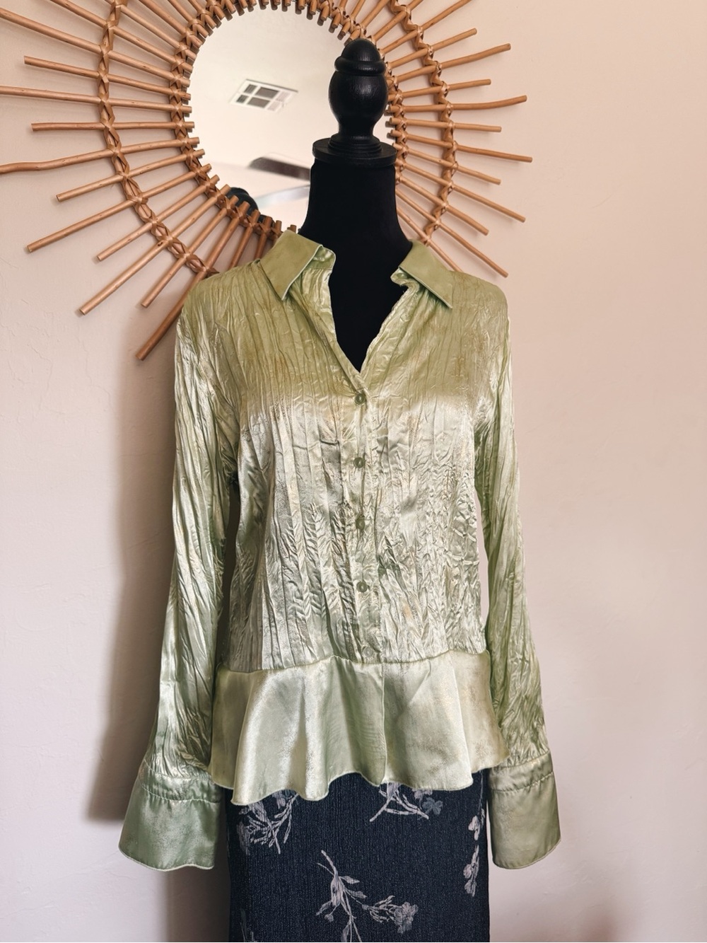 Silky Sage Green Button-Front Peplum Blouse